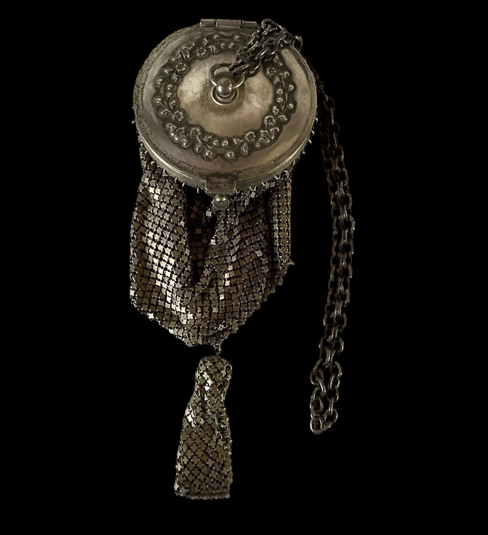 Antique Victorian Mandalian Metal Mesh Purse Bag w/ Mirror & Tassle Chain