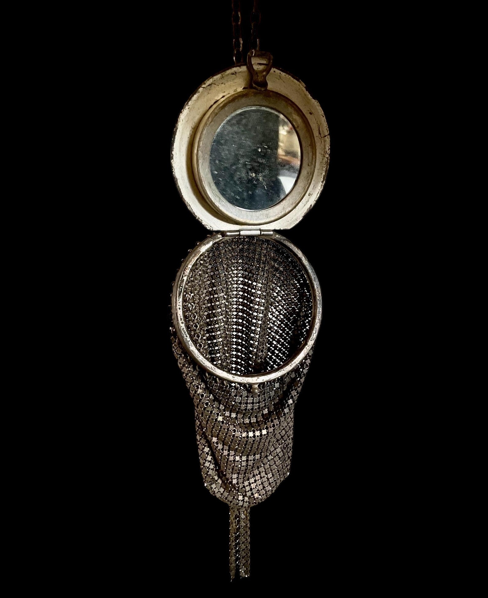 Antique Victorian Mandalian Metal Mesh Purse Bag w/ Mirror & Tassle Chain